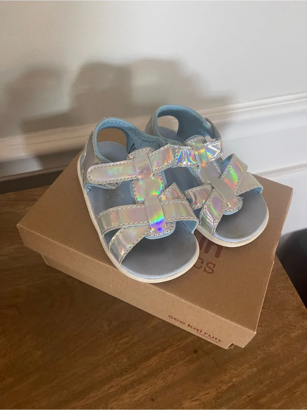 See Kai Run Girls Holographic Pastel Sandals - Light Blue Lining